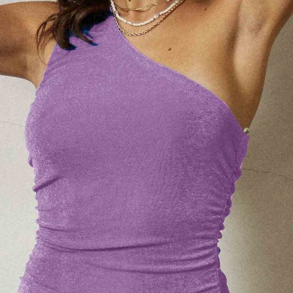 One Shoulder Ruched Bodycon Dress Sleeveless Formal Evening Dress in Lilac - Picture 7 of 8